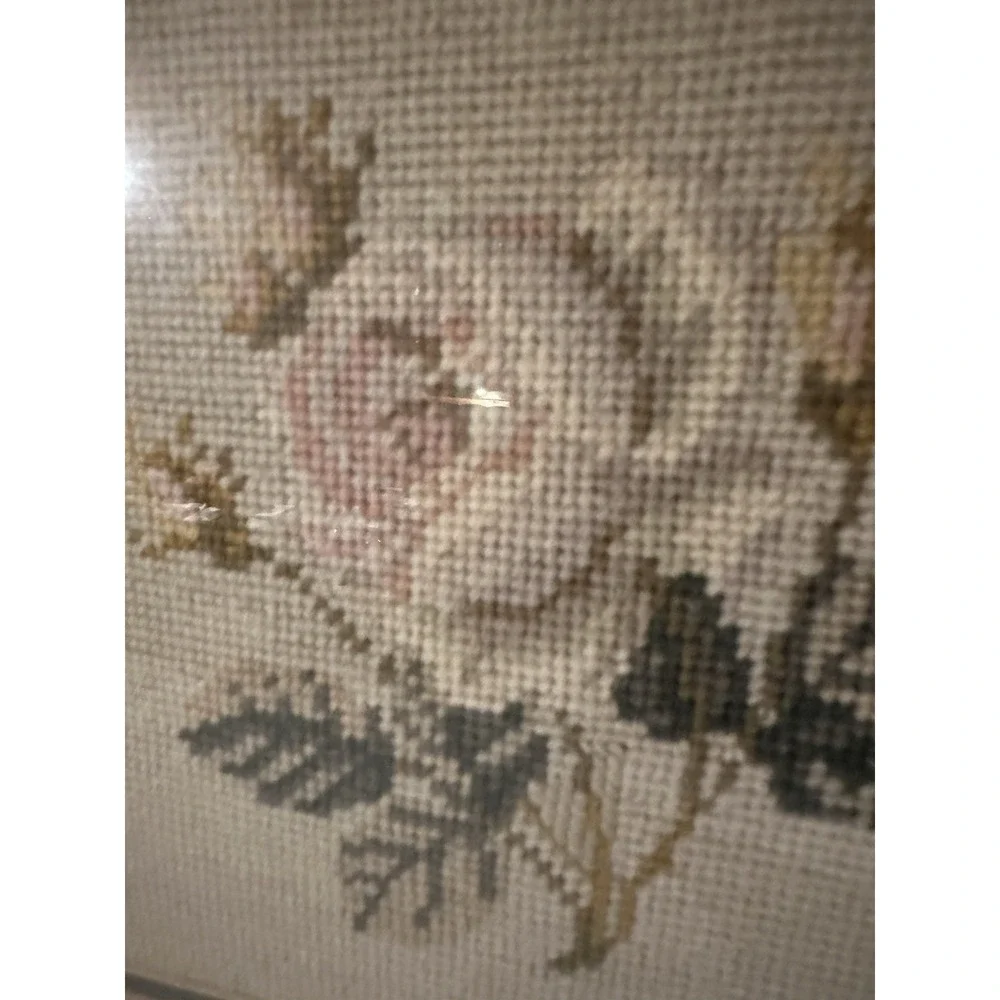 Vintage Needlepoint Cabbage Rose In Wood Frame 14.5 X 13 Cottage Core
